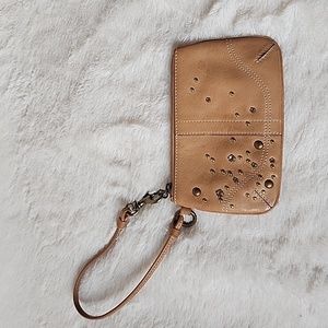 Beige leather bejeweled wristlet